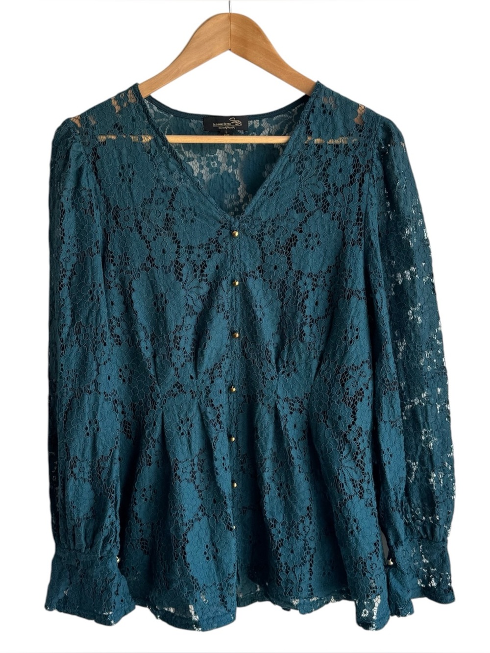 Suzanne Betro Teal Floral Lace Peplum Blouse L Romantic Boho Top Set Shirt EUC